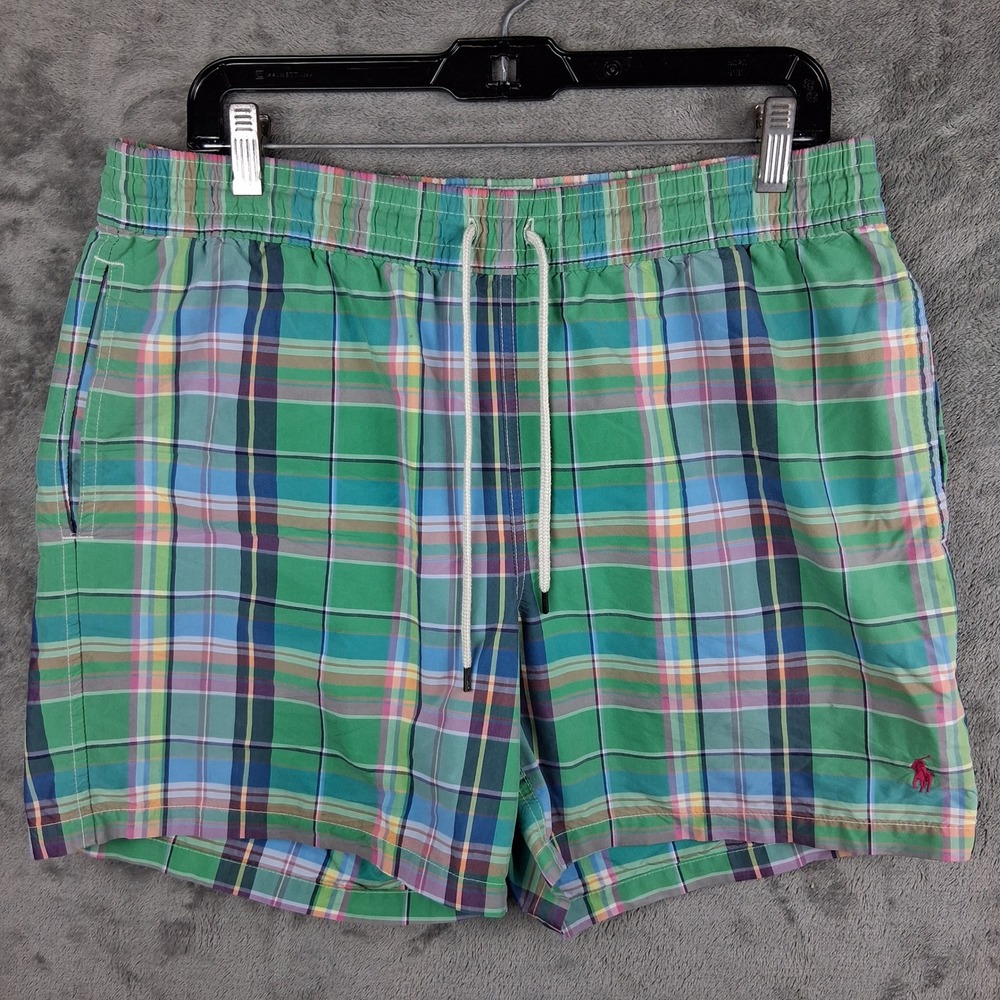 Polo Ralph Lauren Swim Trunks Mens Medium Green Madras Plaid Mesh Lined